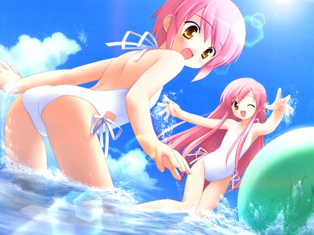 ball, beachball, brown_eyes, dutch_angle, game_cg, gayarou, kousaka_alice, kousaka_maria