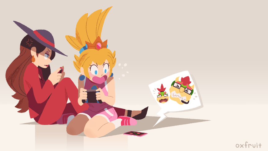 2girls, anger_vein, annoyed, blonde_hair, bowser, bowser_jr., cellphone, controller, game_console, gameplay_mechanics, handheld_game_console, hans_tseng, hat, super_mario_bros., multiple_girls, nintendo, nintendo_switch, pauline, phone, playing_games, princess_peach, sitting, smartphone, super_mario_bros., wire