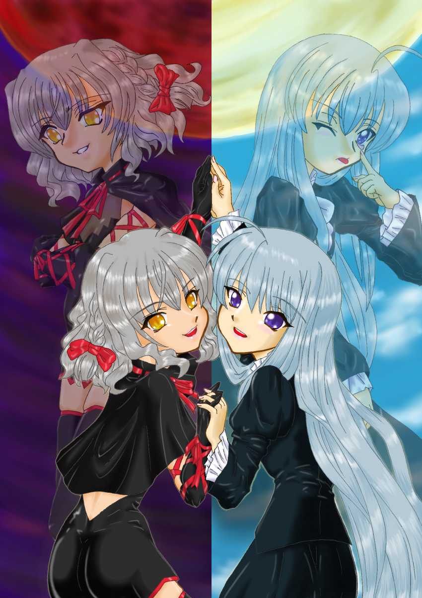 2girls, ahoge, anzelotte, bell_zephyr, blue_eyes, blue_hair, braid, cape