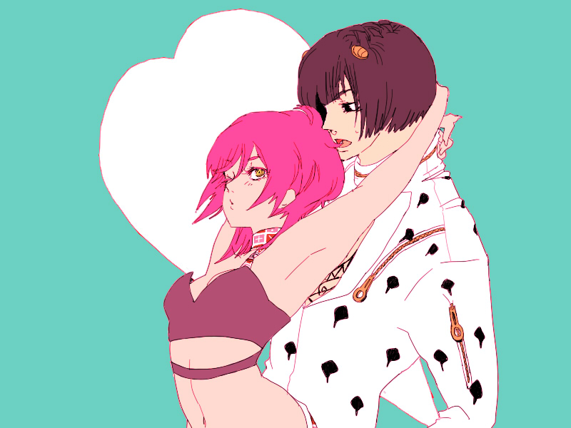 1girl, armpits, black_eyes, bruno_bucciarati, couple, hair_ornament, hairclip, heart, hug, hug_from_behind, jojo's_bizarre_adventure, jojo_no_kimyou_na_bouken, midriff, navel, open_mouth, pink_hair, short_hair, sora_ryou, sweatdrop, trish_una, wink, yellow_eyes, zipper, zippers