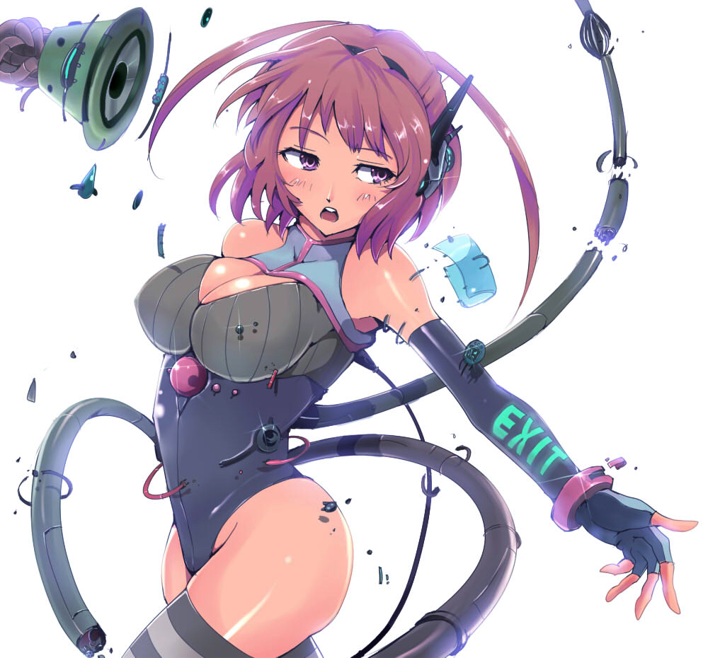 breasts, brown_hair, cable, cleavage, elbow_gloves, gloves, headset, jewelry