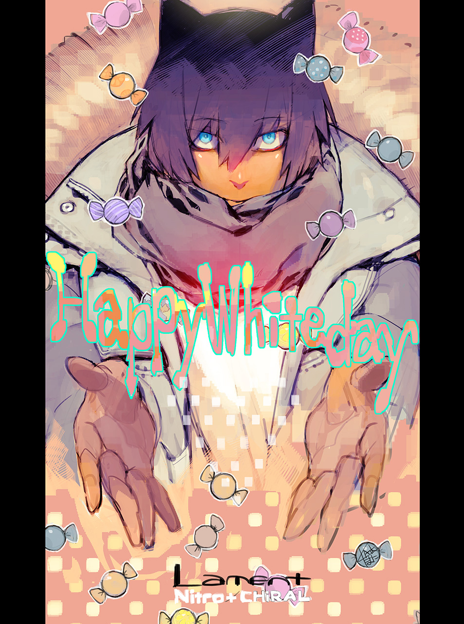 1boy, animal_ears, asato_(lamento), black_hair, blue_eyes, candy, cat_ears, catboy