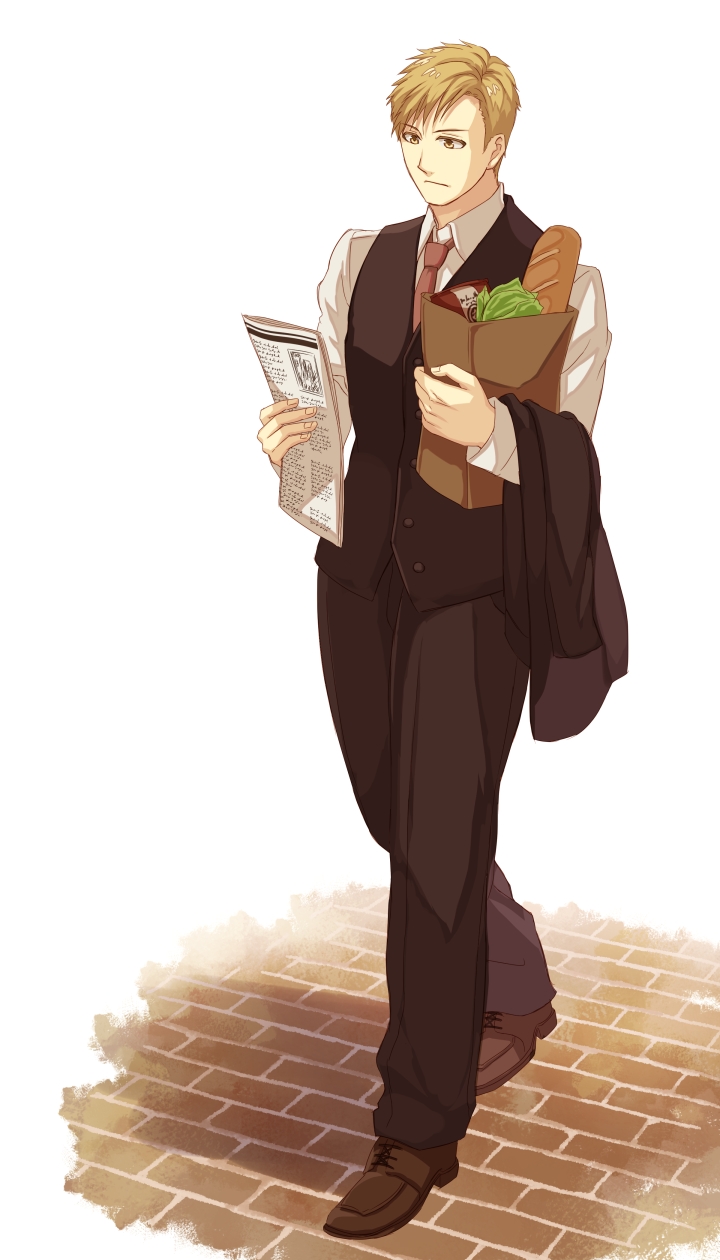 1boy, alphonse_elric, bag, black_pants, blonde_hair, bread, brown_shoes, eyebrows_visible_through_hair, food, fullmetal_alchemist, highres, jacket, lettuce, male_focus, mizui_xl, necktie, newspaper, pants, reading, serious, shadow, shoes, short_hair, simple_background, solo_focus, vegetable, waistcoat, walking, white_background, yellow_eyes