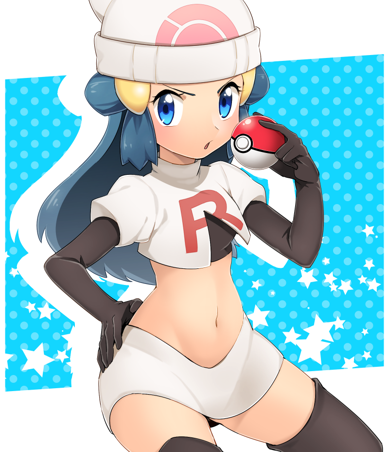 >:o, 1girl, :o, alternate_costume, ameiro_pk, beanie, black_gloves, black_legwear, blue_eyes, blue_hair, blush, breasts, cosplay, cowboy_shot, crop_top, elbow_gloves, frown, gloves, hair_ornament, hand_on_hip, hat, hikari_(pokemon), holding, holding_poke_ball, long_hair, looking_at_viewer, midriff, miniskirt, musashi_(pokemon), musashi_(pokemon)_(cosplay), navel, open_mouth, poke_ball, pokemon, pokemon_(anime), polka_dot, polka_dot_background, puffy_sleeves, short_sleeves, simple_background, skirt, small_breasts, solo, star, stomach, team_rocket, team_rocket_(cosplay), thigh-highs, white_background, white_hat