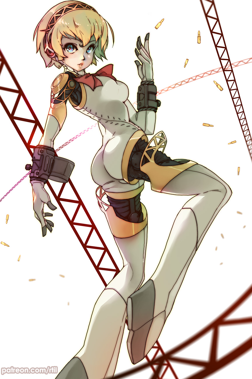 1girl, aegis_(persona), android, ass, blonde_hair, blue_eyes, breasts, bullet, girder, headphones, highres, medium_breasts, no_feet, persona, persona_3, robot_joints, rtil, short_hair, solo