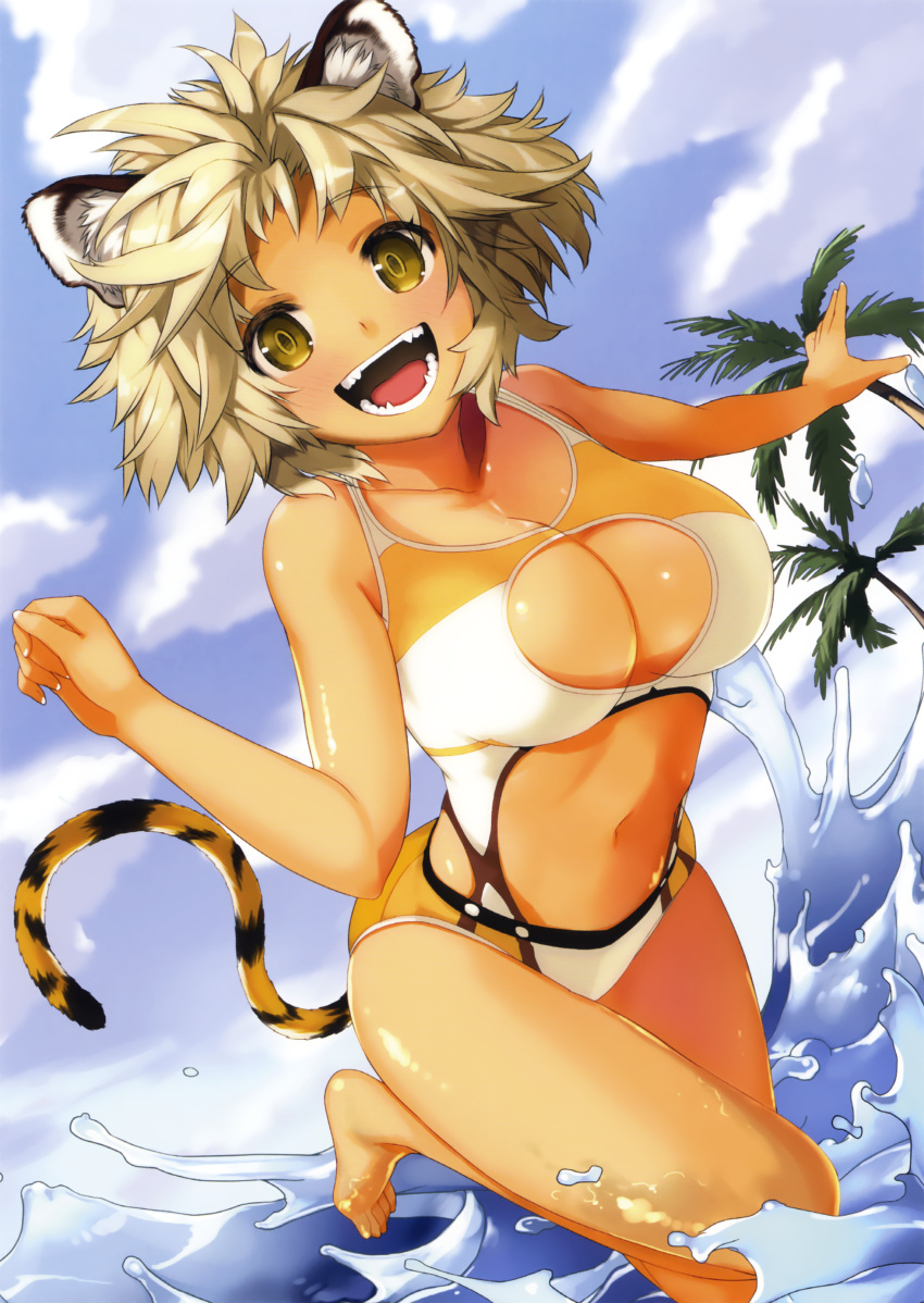 1girl, :d, absurdres, animal_ears, bangs, bare_arms, bare_legs, bare_shoulders, barefoot, bikini, blue_sky, blush, breasts, brown_eyes, brown_hair, casual_one-piece_swimsuit, cleavage, cleavage_cutout, clouds, cloudy_sky, cowboy_shot, cropped, day, eyebrows_visible_through_hair, feet, fingernails, hands_up, happy, highres, large_breasts, leg_up, long_fingernails, looking_at_viewer, midriff, navel, ocean, one-piece_swimsuit, one_leg_raised, open_mouth, original, outdoors, outstretched_arm, palm_tree, partially_submerged, scan, sky, smile, solo, spiky_hair, splashing, standing, standing_on_one_leg, stomach, swimsuit, tail, teeth, tiger_ears, tiger_girl, tiger_tail, tongue, toranoana, tree, wamusato_haru, water, water_drop, white_swimsuit, yellow_swimsuit