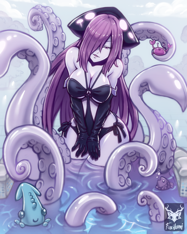 1girl, artist_name, bare_shoulders, black_gloves, breasts, cleavage, crab, elbow_gloves