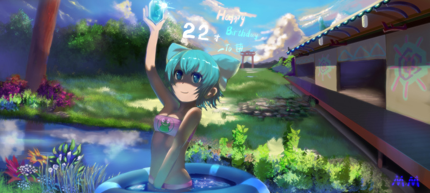 1girl, alternate_breast_size, artist_name, bare_shoulders, blue_bow, blue_eyes, blue_hair, blush, bow, breasts, cirno, cleavage, closed_mouth, flower, hair_bow, happy_birthday, looking_away, medium_breasts, moxmod, mushroom, short_hair, smile, solo, torii, touhou, tree, wading_pool
