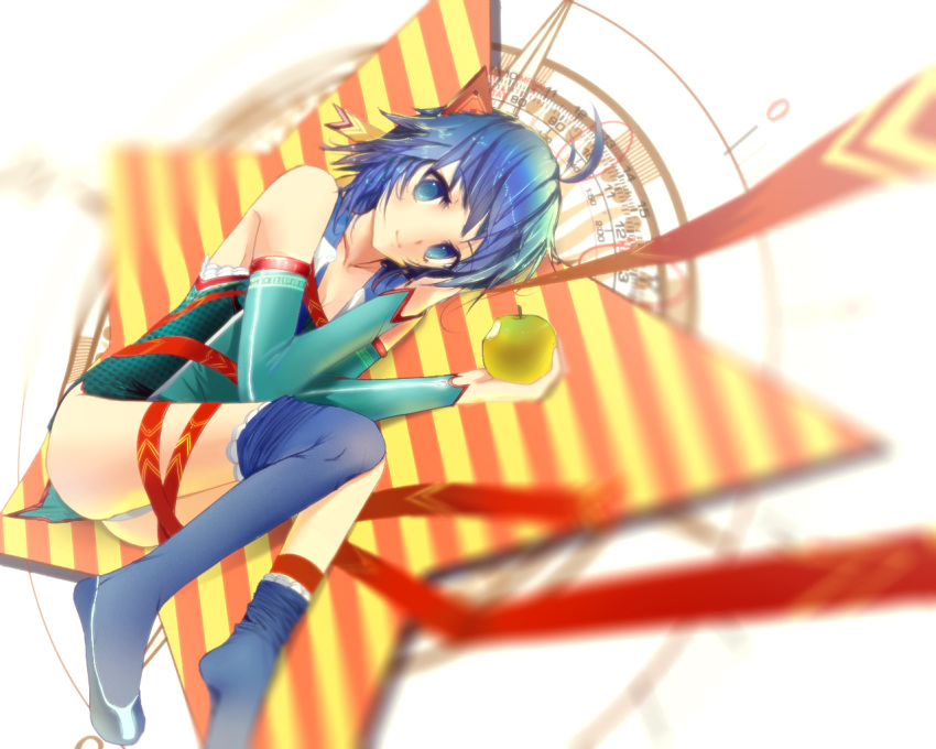 1girl, ahoge, apple, ass, bare_shoulders, blue_eyes, blue_hair, blue_legwear, blush, breasts, character_request, cleavage, closed_mouth, collarbone, copyright_request, eyebrows_visible_through_hair, food, fruit, holding, holding_food, large_breasts, looking_at_viewer, lying, moxmod, on_side, smile, solo, thigh-highs