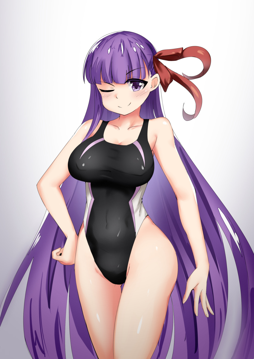 1girl, ;), bare_shoulders, bb_(fate/extra_ccc), black_swimsuit, breasts, collarbone, competition_swimsuit