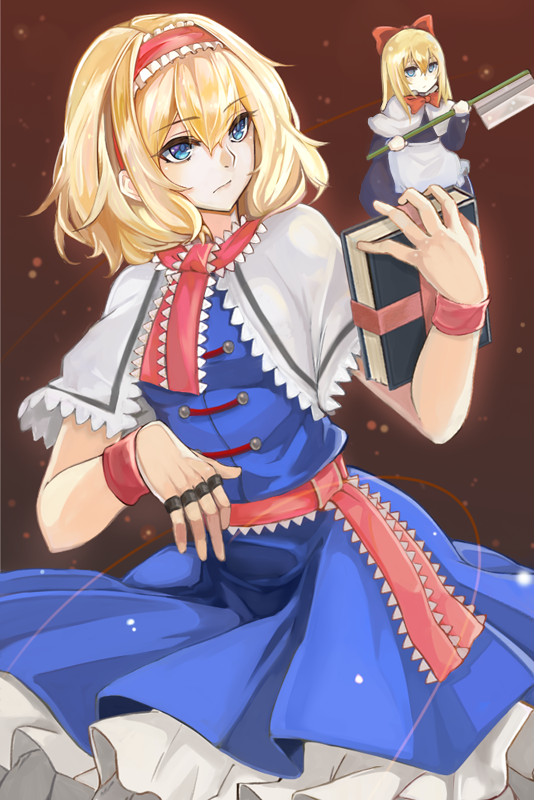 1girl, alice_margatroid, apron, bangs, blonde_hair, blue_dress, blue_eyes, capelet