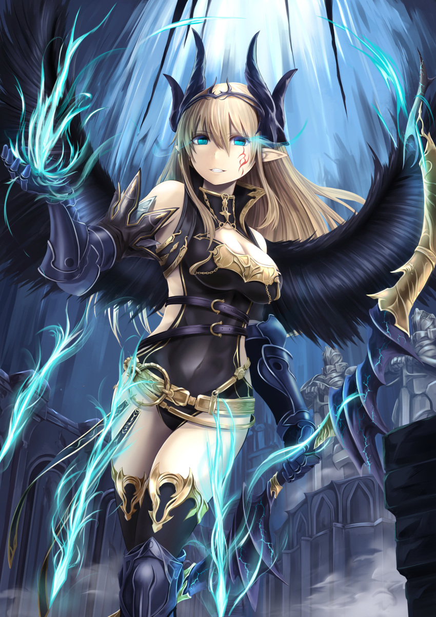 1girl, aqua_eyes, arrow, bangs, bare_shoulders, belt_buckle, black_armor, black_belt, black_legwear, black_leotard, black_wings, bow_(weapon), breasts, brown_hair, buckle, cave, chains, cleavage, cleavage_cutout, commentary_request, covered_navel, detached_sleeves, elusya, eyebrows_visible_through_hair, facial_tattoo, feathered_wings, gauntlets, glowing, glowing_arrow, grin, hair_between_eyes, hand_up, high_collar, highres, holding, holding_bow_(weapon), holding_weapon, horns, knee_pads, large_breasts, leotard, light, light_trail, long_hair, looking_at_viewer, magic, original, pointy_ears, sidelocks, smile, solo, spread_wings, stalactite, standing, statue, straight_hair, tattoo, thigh-highs, tiara, turtleneck, walking, weapon, wings