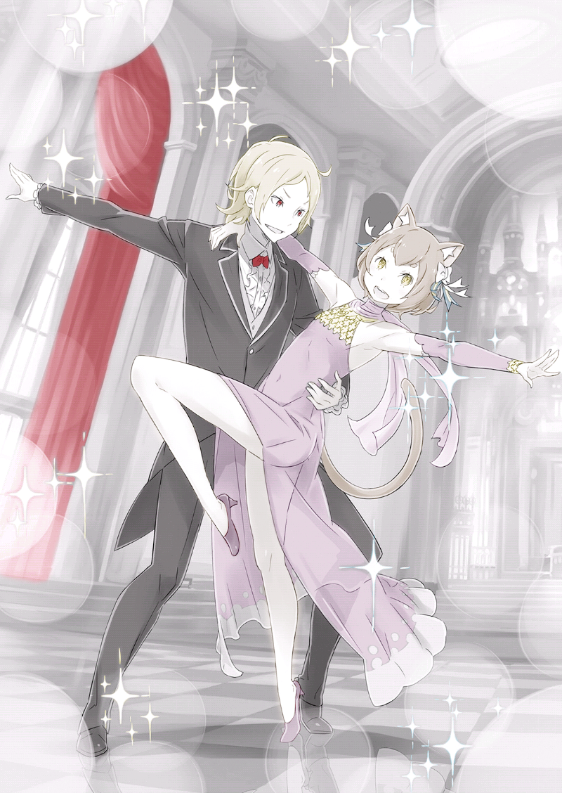 2boys, :d, animal_ears, arm_around_neck, arm_around_waist, armpits, bangs, bare_legs