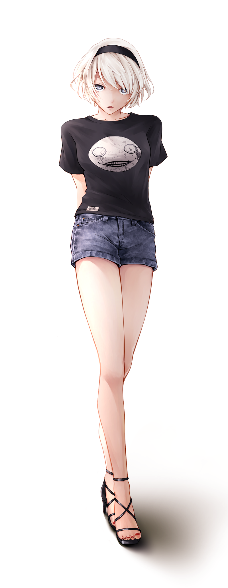 arms_behind_back, bangs, black_shirt, blue_eyes, blue_shorts, breasts, casual, collarbone