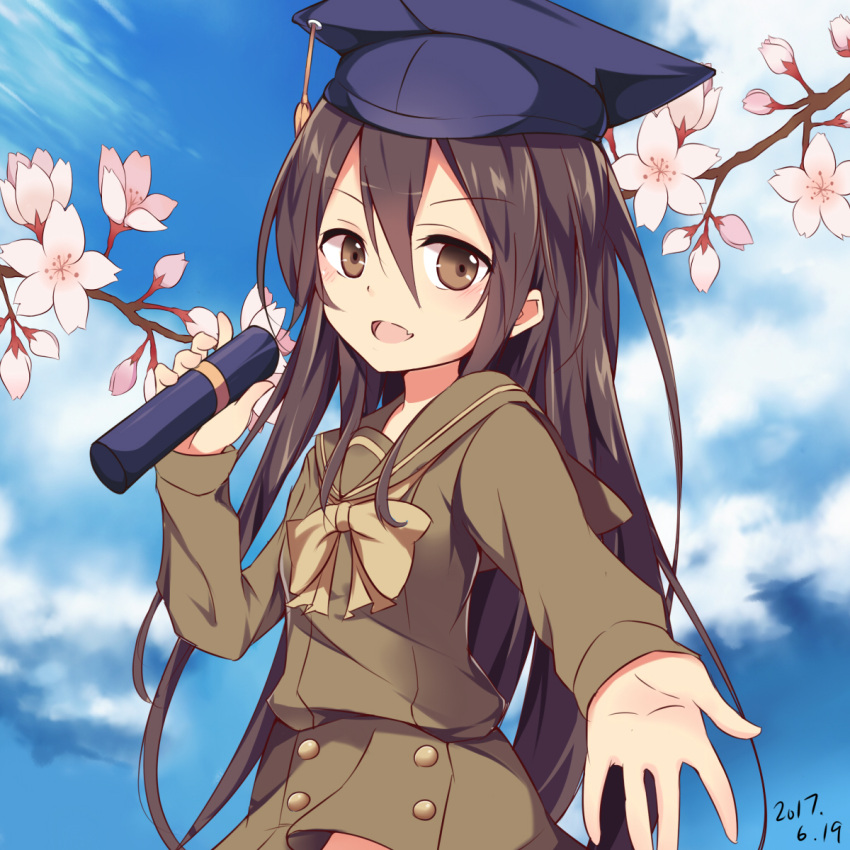 1girl, 2017, ai_cao, black_hair, branch, brown_eyes, cherry_blossoms, dated