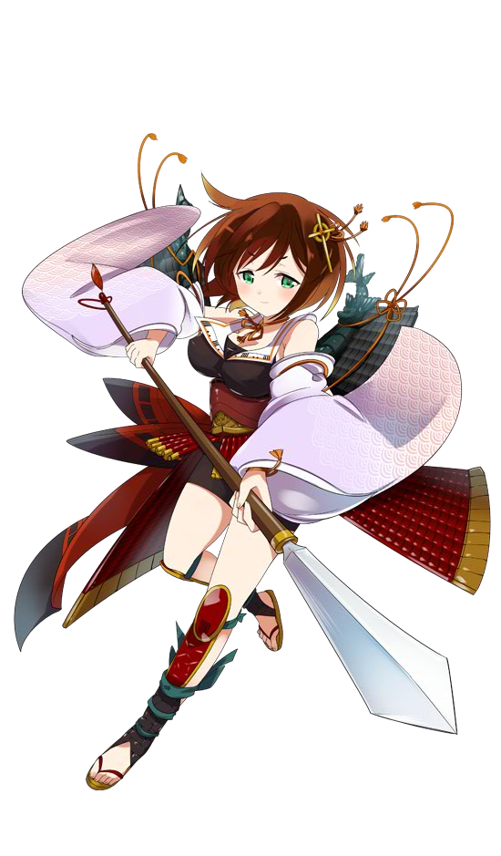 1girl, bike_shorts, book, breasts, brown_hair, cleavage, cross, detached_sleeves, green_eyes, hair_ornament, hinotake_(oshiro_project), holding, holding_spear, holding_weapon, kamaboko_red, navel, oshiro_project, oshiro_project_re, polearm, sandals, shachihoko, short_hair, solo, spear, transparent_background, weapon