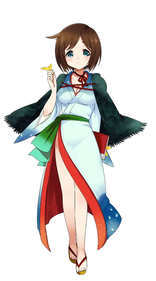 1girl, blue_eyes, book, breasts, brown_hair, cleavage, hinotake_(oshiro_project), holding, holding_book, holding_leaf, japanese_clothes, kamaboko_red, leaf, looking_at_viewer, medium_breasts, oshiro_project, oshiro_project_re, short_hair, smile