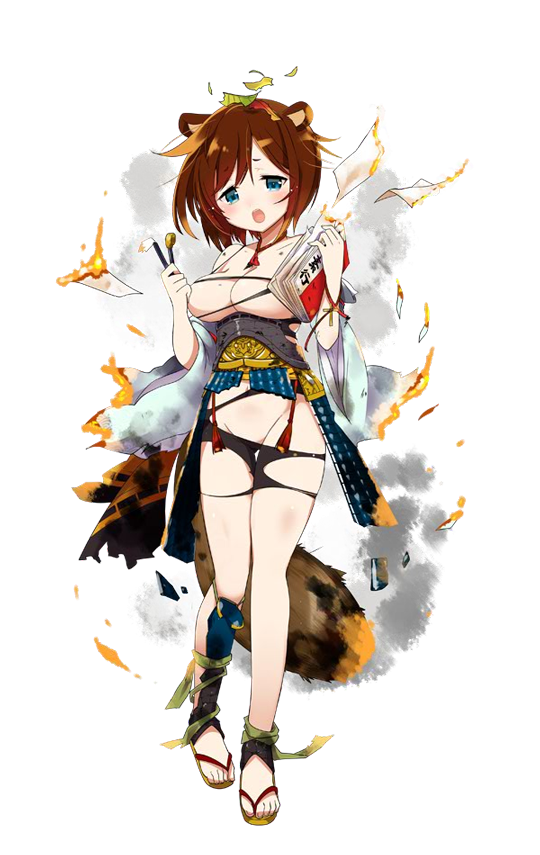 1girl, animal_ears, bike_shorts, blue_eyes, book, breasts, brown_hair, cleavage, full_body, hirado_(oshiro_project), holding, holding_book, kamaboko_red, leaf, official_art, open_mouth, oshiro_project, oshiro_project_re, raccoon_ears, raccoon_tail, short_hair, smile, tail, torn_clothes, transparent_background