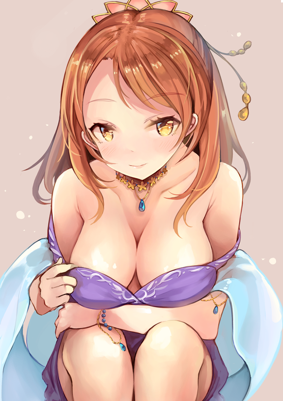 1girl, blush, breasts, brown_hair, cleavage, hair_ornament, heri, houjou_karen