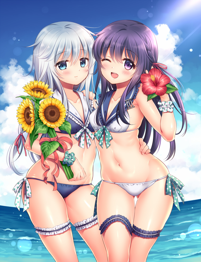 2girls, ;d, akatsuki_(kantai_collection), anchor_symbol, bikini, black_bikini, blue_eyes, breasts