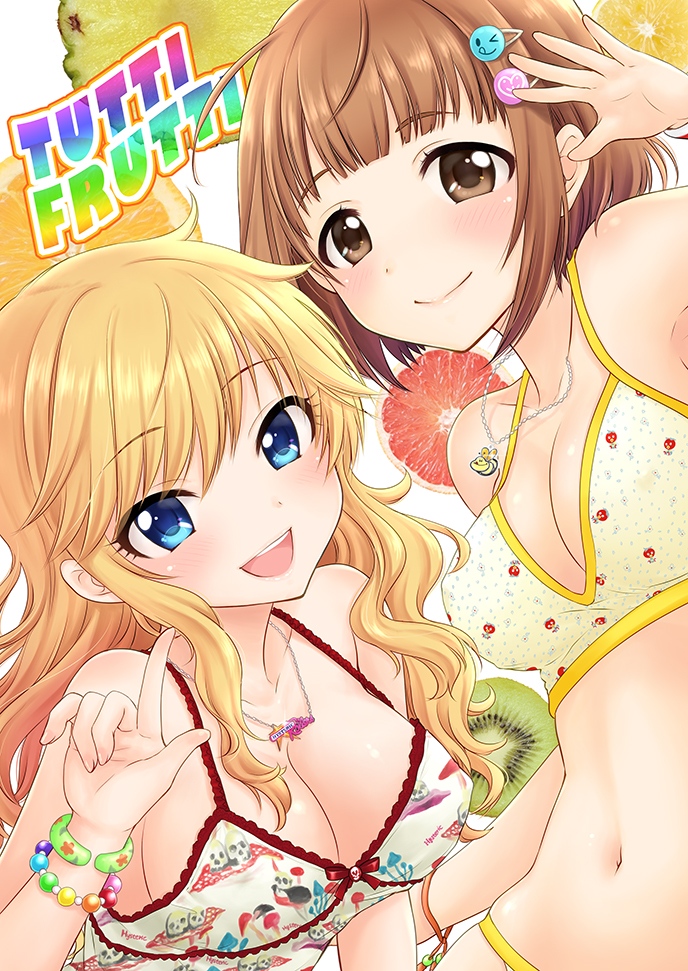 2girls, bikini, blonde_hair, blue_eyes, blush, breasts, brown_eyes, brown_hair
