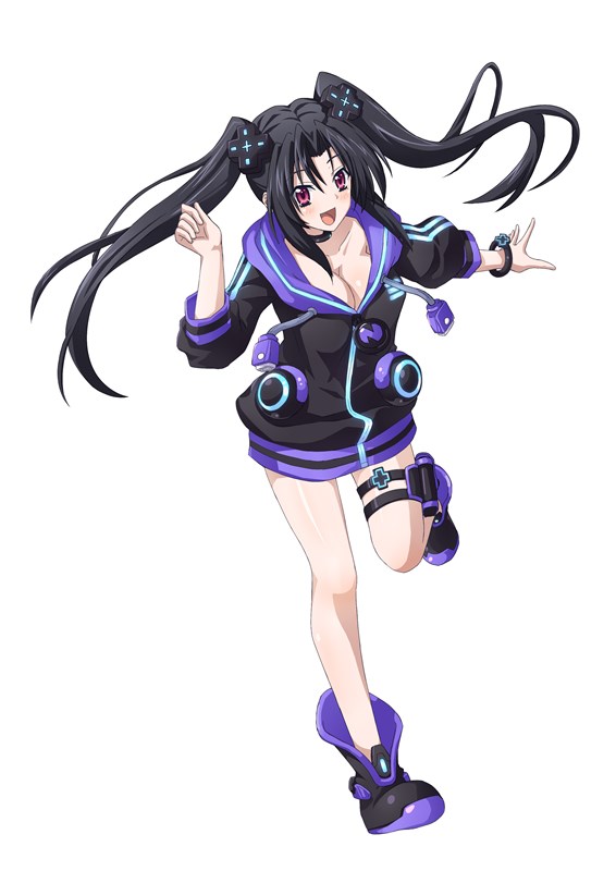 1girl, :d, adult_neptune, adult_neptune_(cosplay), black_hair, bracelet, breasts, cleavage