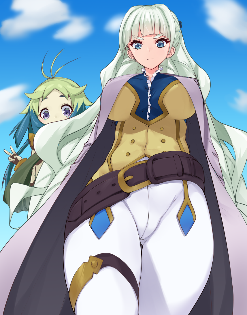 2girls, ass_visible_through_thighs, bangs, blue_eyes, blunt_bangs, breasts, debutya_aki, from_below