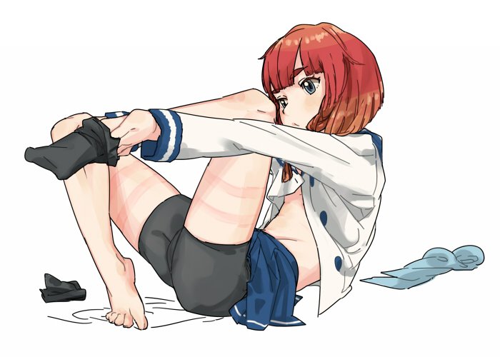 1girl, barefoot, bike_shorts, black_legwear, braid, commentary_request, etorofu_(kantai_collection), feet