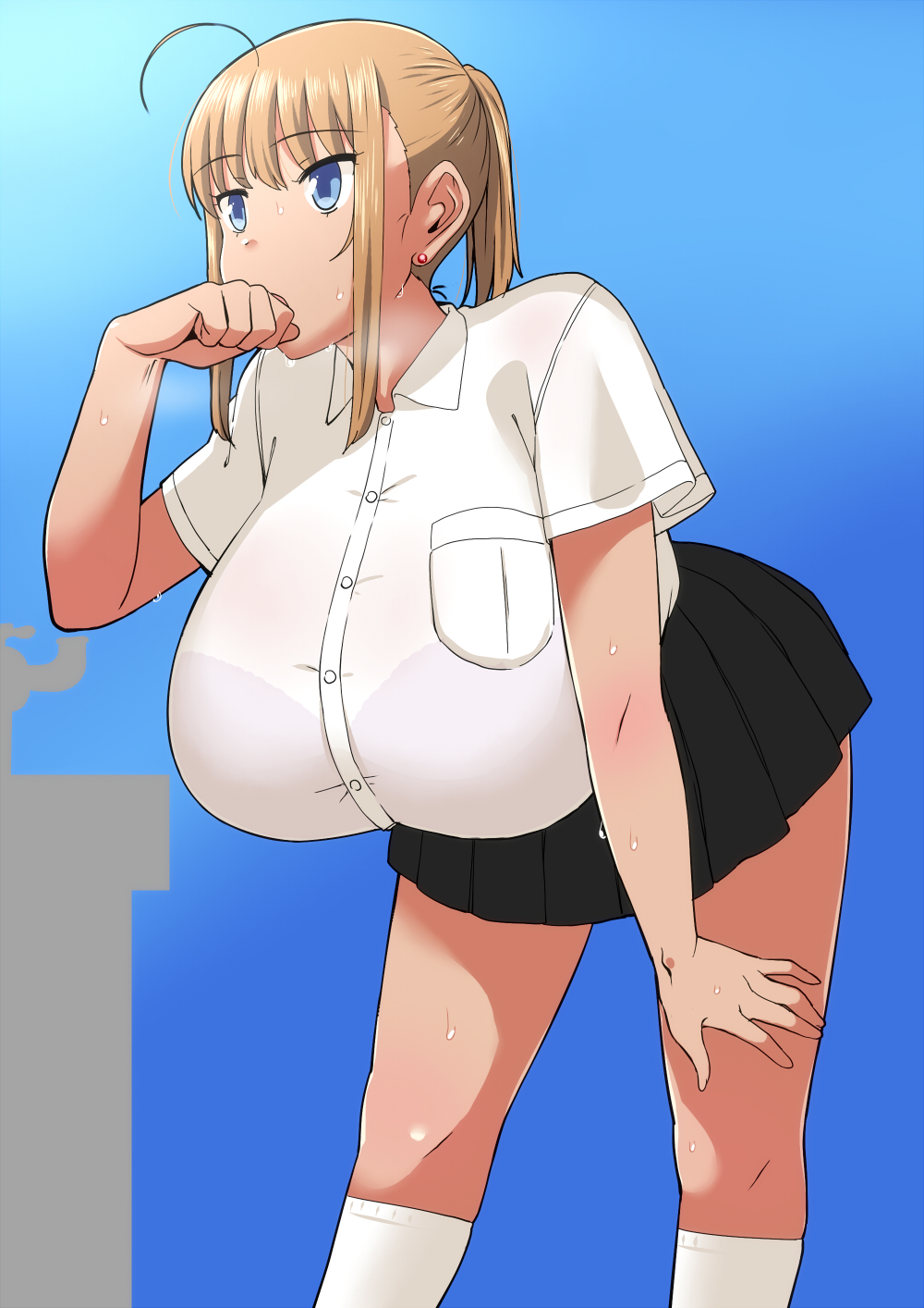 1girl, ahoge, blue_background, blue_eyes, breasts, brown_hair, earrings, fountain