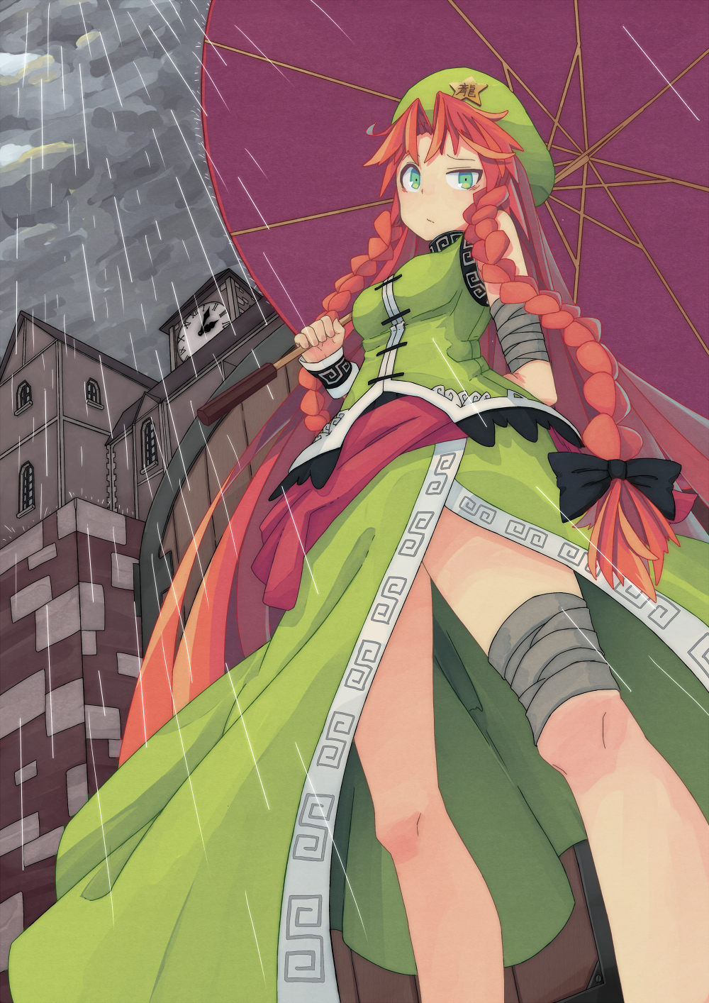 14mango, 1girl, aqua_eyes, arm_behind_back, bandage, beret, bow, braid