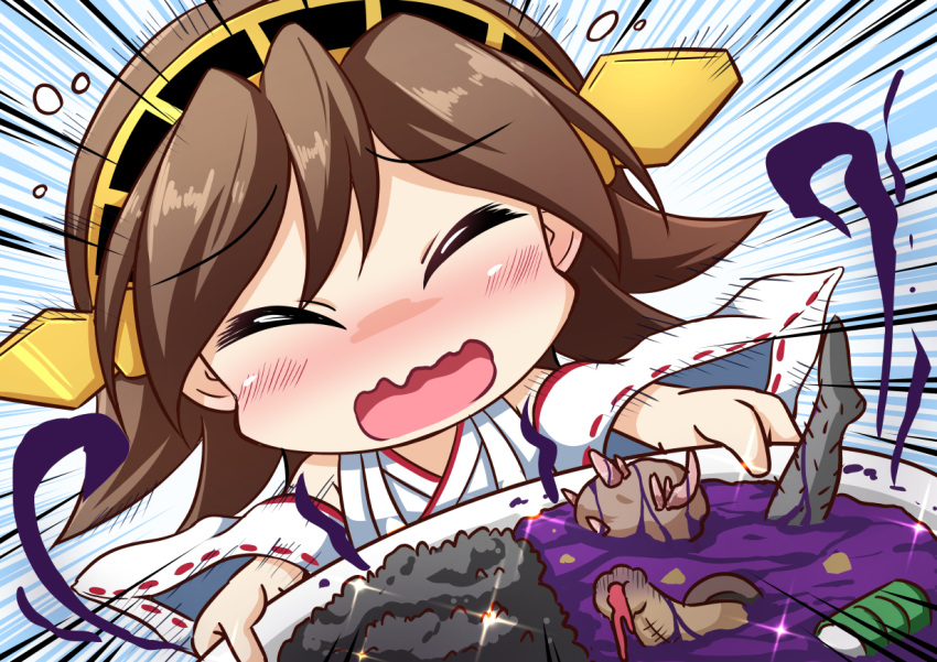 1girl, ^_^, blush, brown_hair, closed_eyes, commentary_request, detached_sleeves, drum_(container)