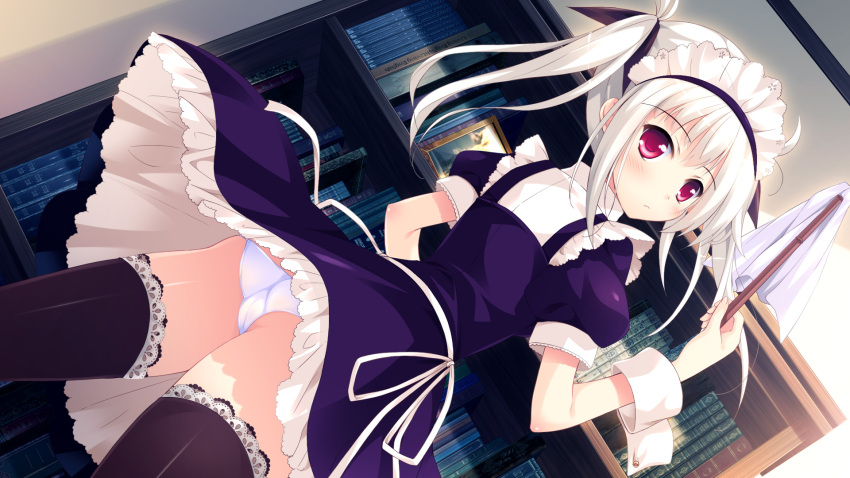 1girl, ass, ayame_(harukaze_sensation!), black_legwear, blush, book, bookshelf, duster
