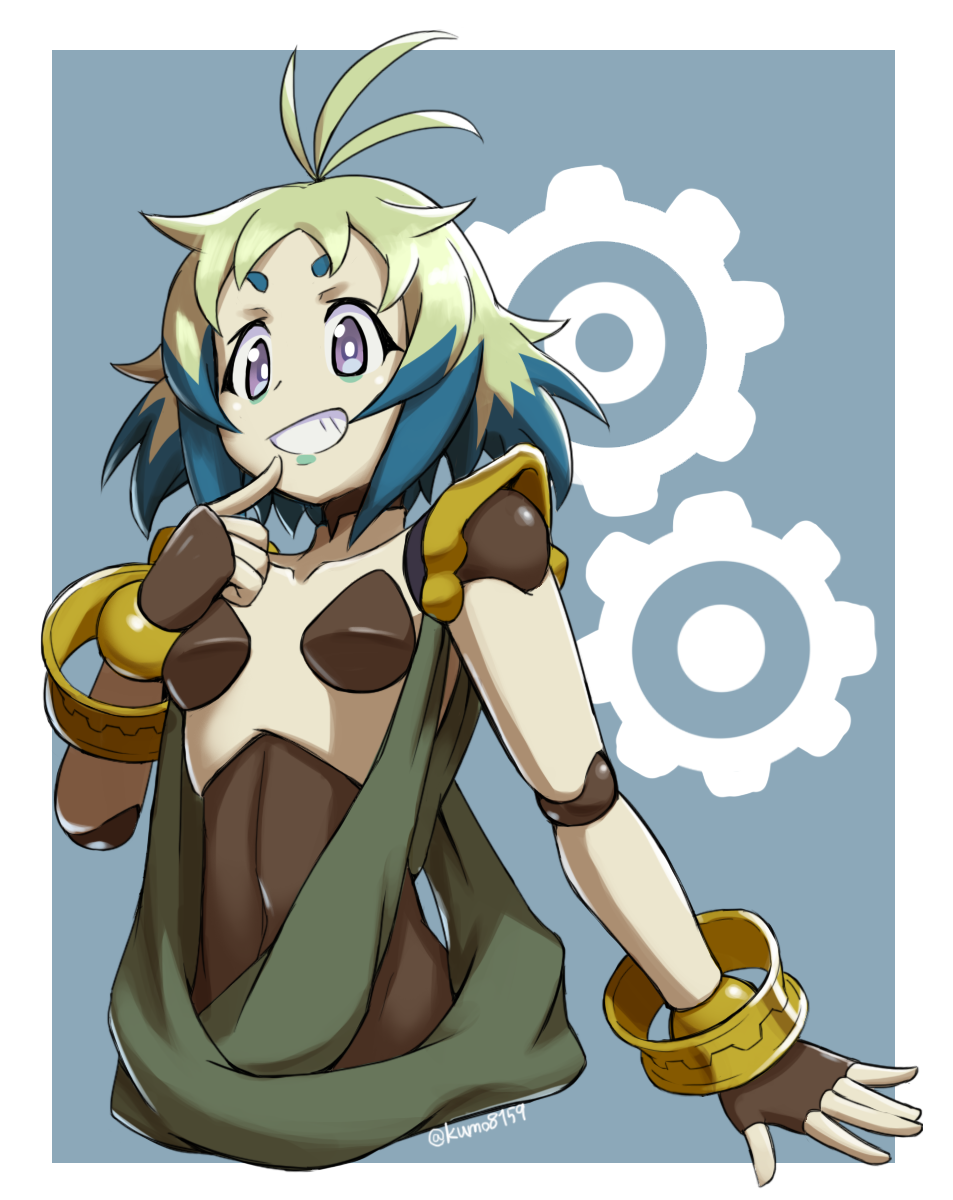 1girl, artist_name, blue_hair, breasts, doll_joints, fingerless_gloves, gears, gloves, green_hair, grin, highres, kumo_(kumo8159), multicolored_hair, nude, open_mouth, senki_zesshou_symphogear, shoge, small_breasts, smile, solo, tiki_(symphogear), twitter_username, two-tone_hair, violet_eyes