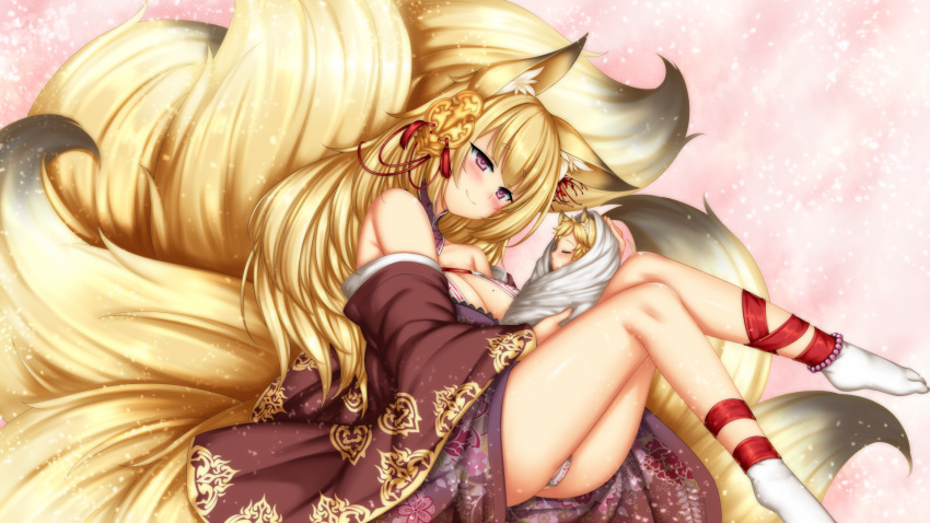 animal_ears, baby, blonde_hair, blush, fox_ears, fox_girl, fox_tail, hair_ornament