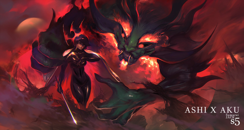 1girl, aku, anton_oxenuk, ashi_(samurai_jack), black_bodysuit, black_hair, black_sclera, bodysuit