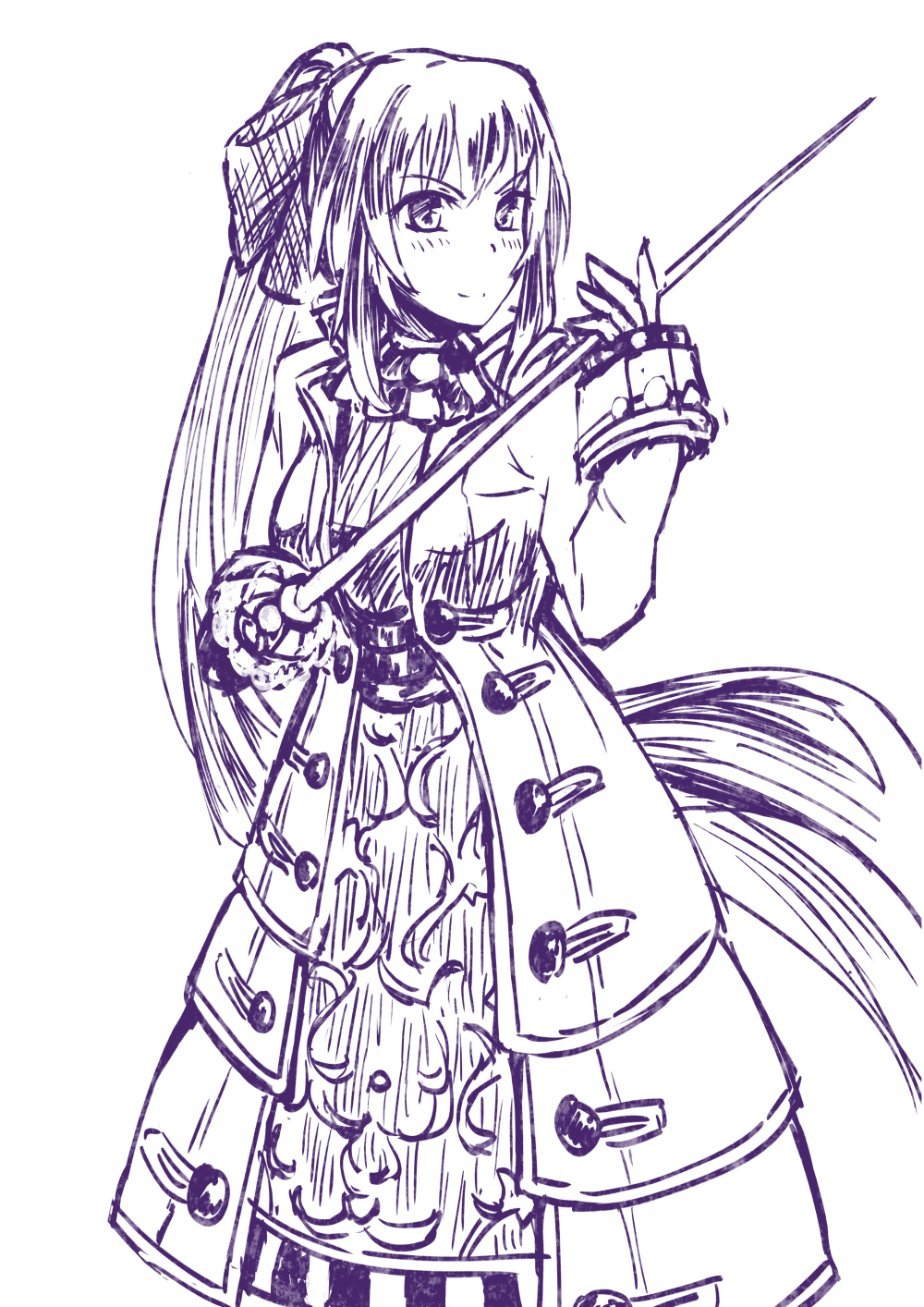 >:), 1girl, ascot, bow, coat, dress, fencer_(tree_of_savior), hair_bow