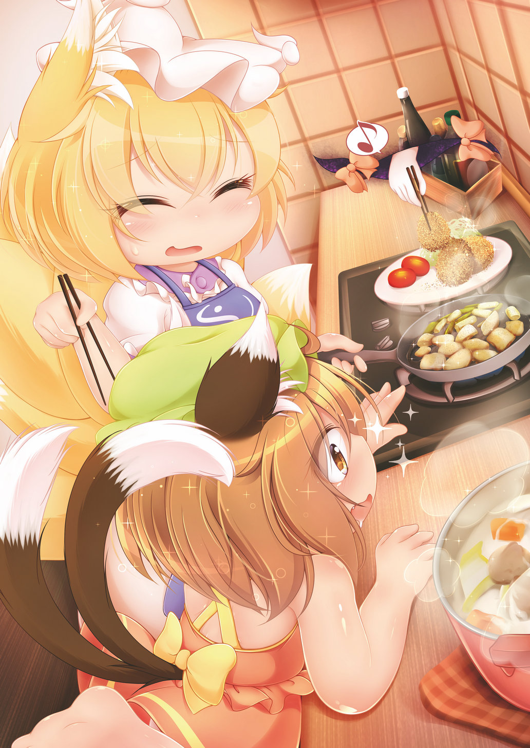 3girls, alternate_costume, animal_ears, apron, bare_arms, blonde_hair, bottle, brown_eyes
