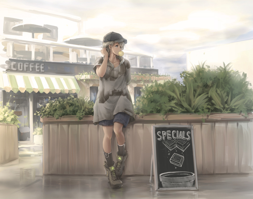1girl, adjusting_hair, awning, baseball_cap, black_hair, blurry, boots, bubble_blowing