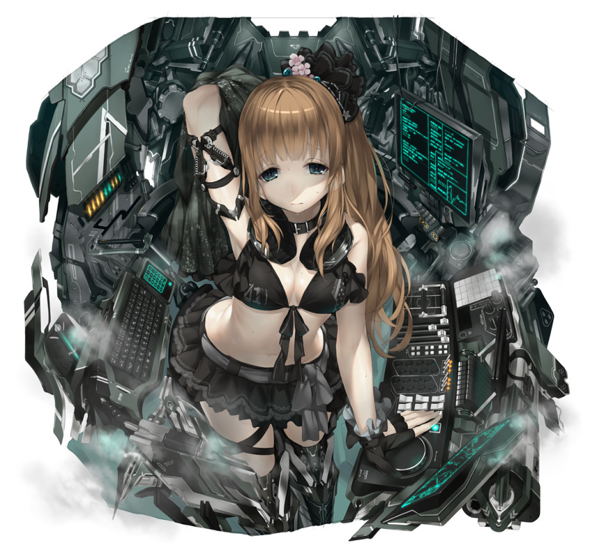 1girl, 3:, arm_up, bangs, bikini, black_bikini, black_bikini_top, black_legwear