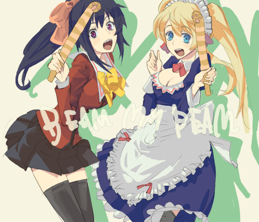 2girls, apron, black_legwear, blonde_hair, blue_eyes, blue_hair, bow, breasts