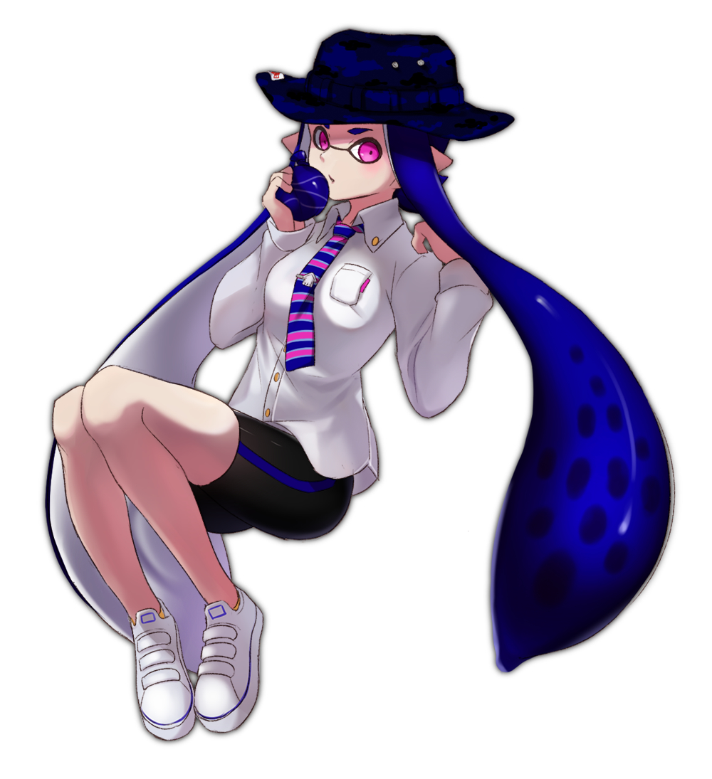 1girl, bangs, bike_shorts, black_shorts, blue_hair, blue_hat, blunt_bangs, boonie_hat, burst_bomb, camouflage, closed_mouth, domino_mask, dress_shirt, full_body, hat, holding, inkling, kneeling, long_hair, looking_at_viewer, mask, mimimi_(echonolog), multicolored, multicolored_clothes, multicolored_necktie, necktie, pointy_ears, shirt, shoes, shorts, simple_background, single_vertical_stripe, sneakers, solo, splatoon, striped, striped_necktie, tentacle_hair, violet_eyes, white_background, white_shirt, white_shoes