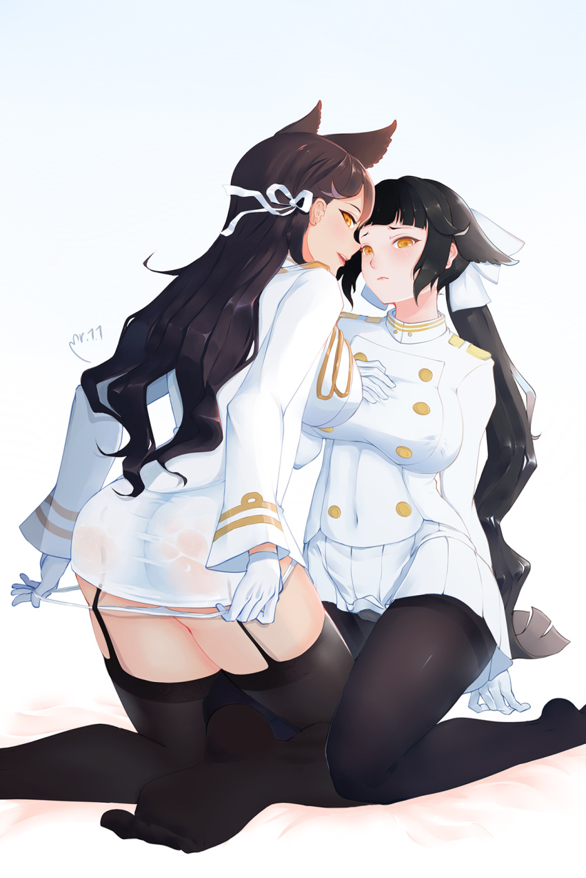 2girls, animal_ears, ass, atago_(bilan_hangxian), back, bangs, bed_sheet, bilan_hangxian