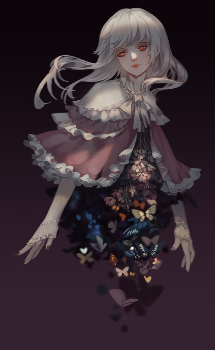1girl, abstract, afra, bridal_gauntlets, butterfly, capelet, commentary, dark, expressionless, floating, flower, lipstick, long_hair, looking_to_the_side, makeup, original, purple_background, red_eyes, silver_hair, simple_background, solo, upper_body