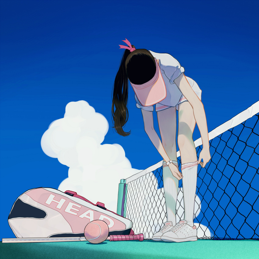 1girl, adjusting_clothes, adjusting_legwear, ball, bent_over, black_hair, blue_sky, clouds