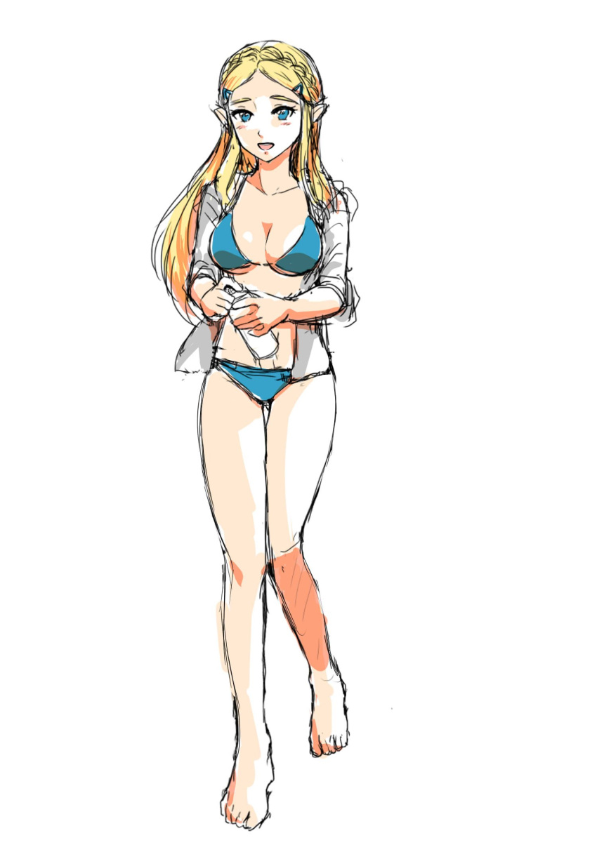 1girl, barefoot, bikini, blonde_hair, blue_bikini, blue_eyes, blush, bottle