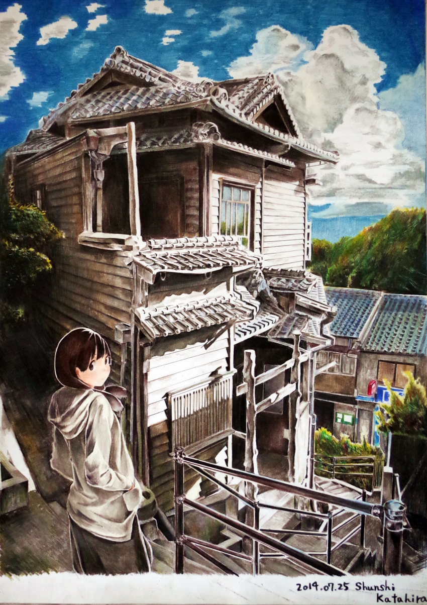 1girl, artist_name, black_eyes, black_hair, clouds, colored_pencil_(medium), dated, hands_in_pockets
