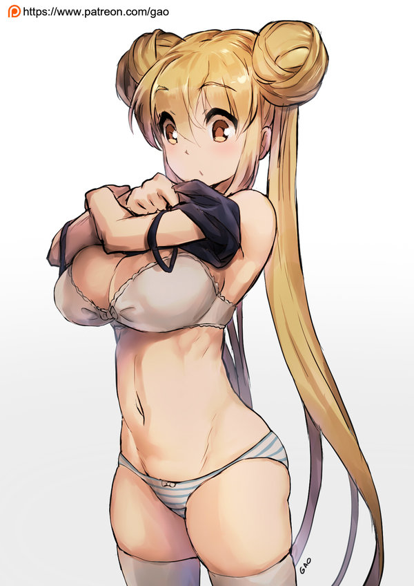 1girl, artist_name, bangs, bare_shoulders, blonde_hair, blush, bow, bow_bra
