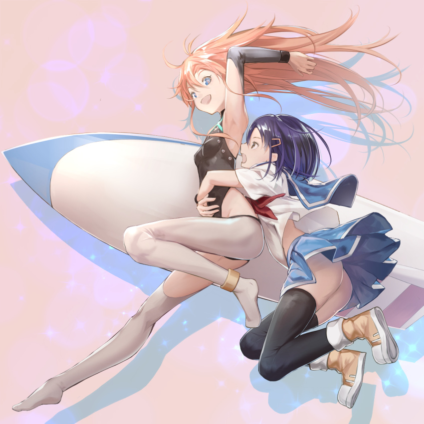 2girls, :d, ankle_boots, anklet, arm_up, armpits, ass, bangs