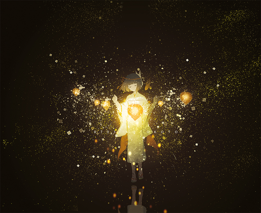 1girl, artist_name, bangs, black_hair, blunt_bangs, bob_cut, closed_eyes, commentary_request, dated, fox_mask, geta, japanese_clothes, kimono, kotokoto_(vibgyor), lamp, lantern, light_particles, mask, mask_on_head, night, original, paper_lantern, reflection, simple_background, solo, yukata