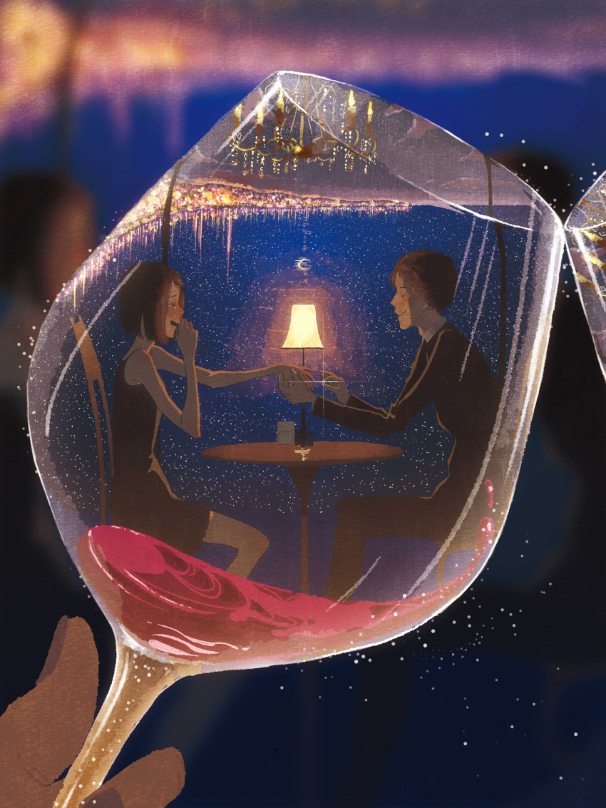 1boy, 1girl, :d, alcohol, black_dress, black_hair, blurry, blush
